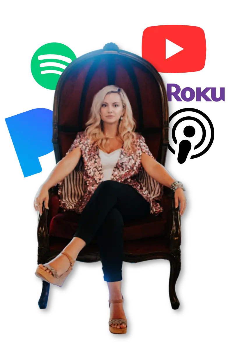 Gogo Bethke sits confidently on an elegant chair, surrounded by icons of popular media platforms such as Spotify, YouTube, Roku, PayPal, and Apple podcast.